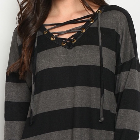 ❌DONATED❌Charcoal Gray Black Stripe Lace Up V-neck Top - Picture 2 of 9